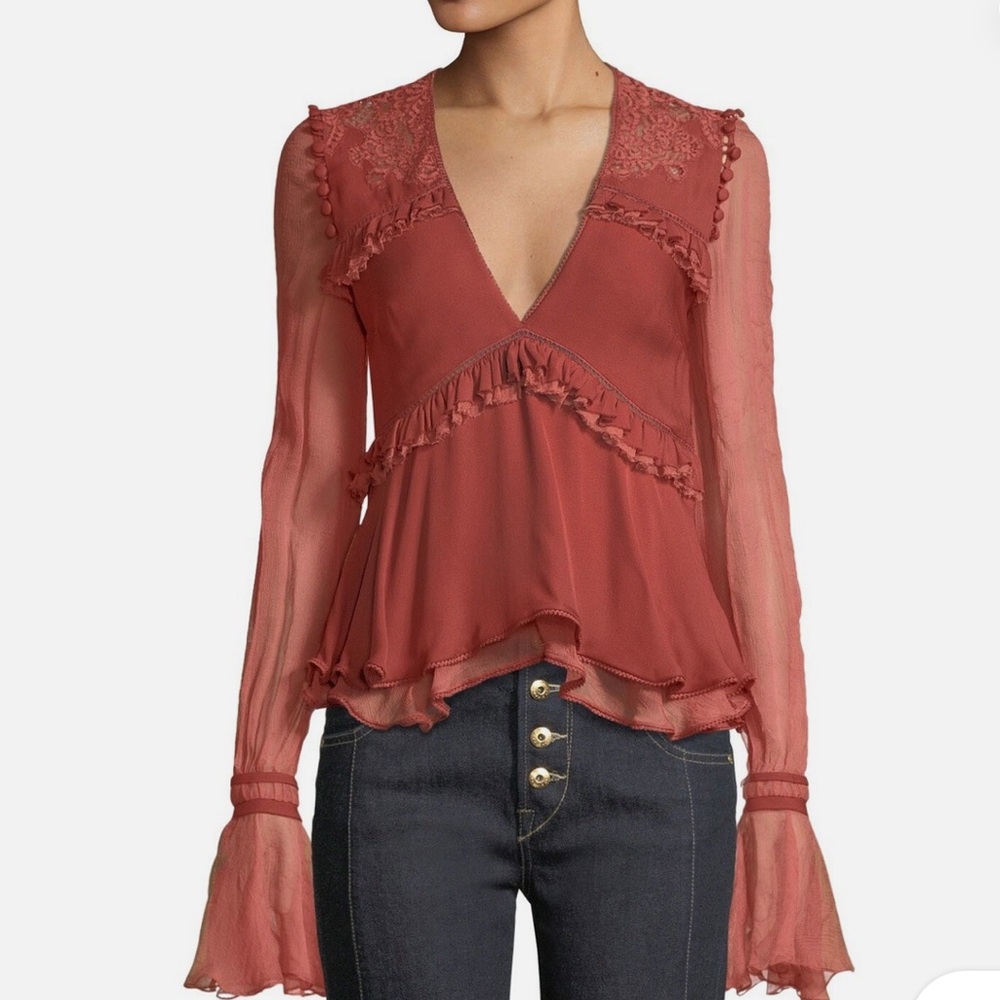 Jonathan Simkhai Rust Blouse with Ruffle & Lace Trim